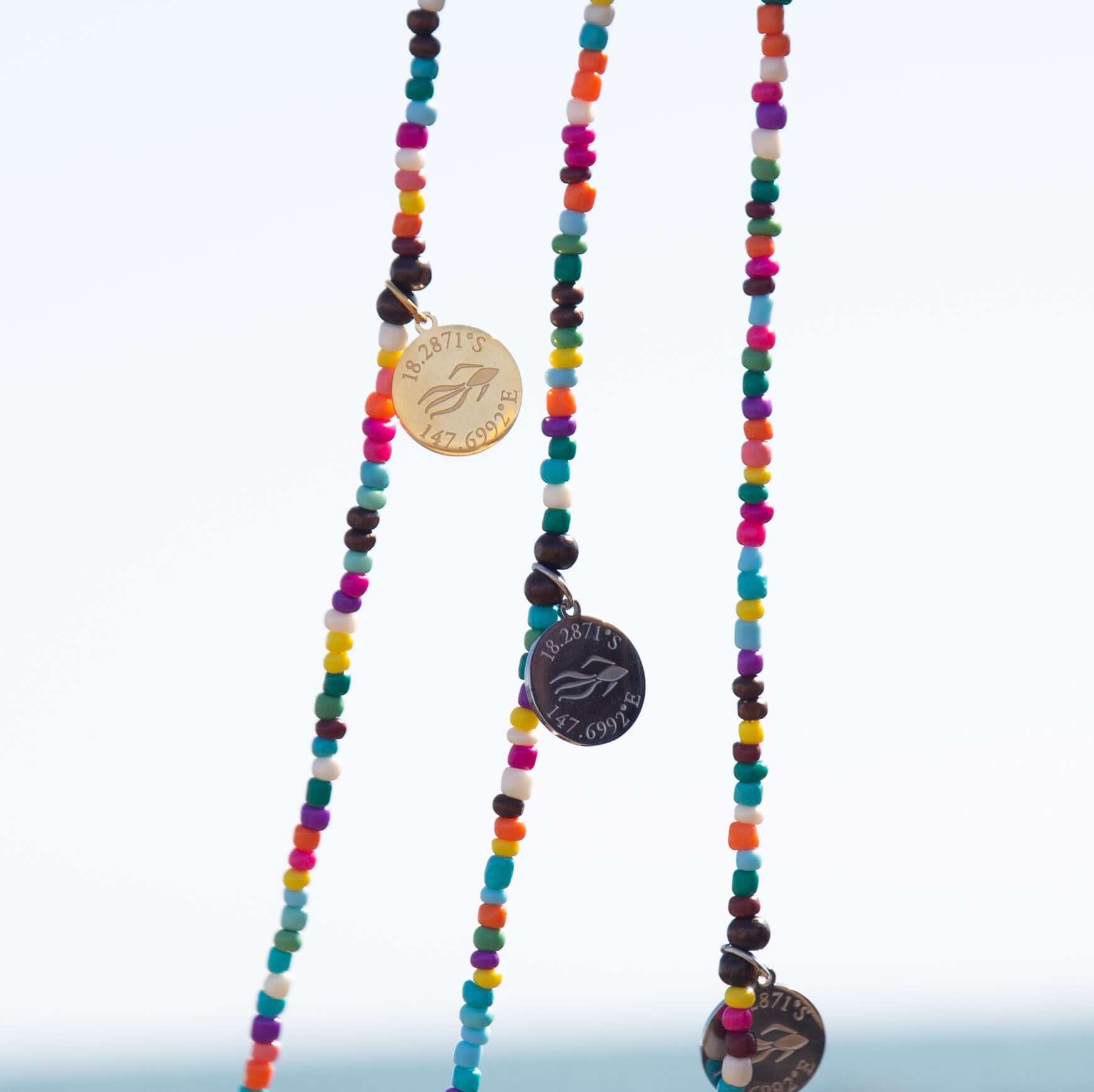 Aquarius Reef beaded chokers, featuring three 'Free' choker necklaces - Aquarius Reef's rainbow multicolor chokers. 