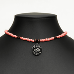 Aquarius Reef's 'Betta' choker - a coral pink unisex beaded choker necklace in silver from Aquarius Reef's Classic collection, featuring a pendant with coordinates of the Great Barrier Reef.